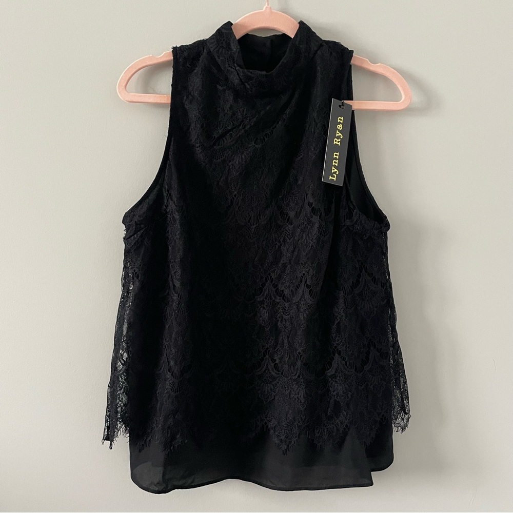 Lace Overlay Mock-Neck Chiffon Camisole - Button Back - Black - NWT